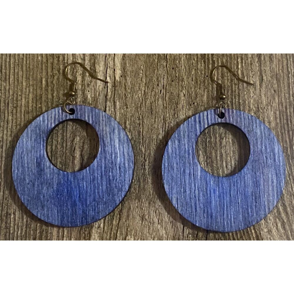 Wood Earrings - 2" x 2" Offset Circle - Denim Dye - E003-D3